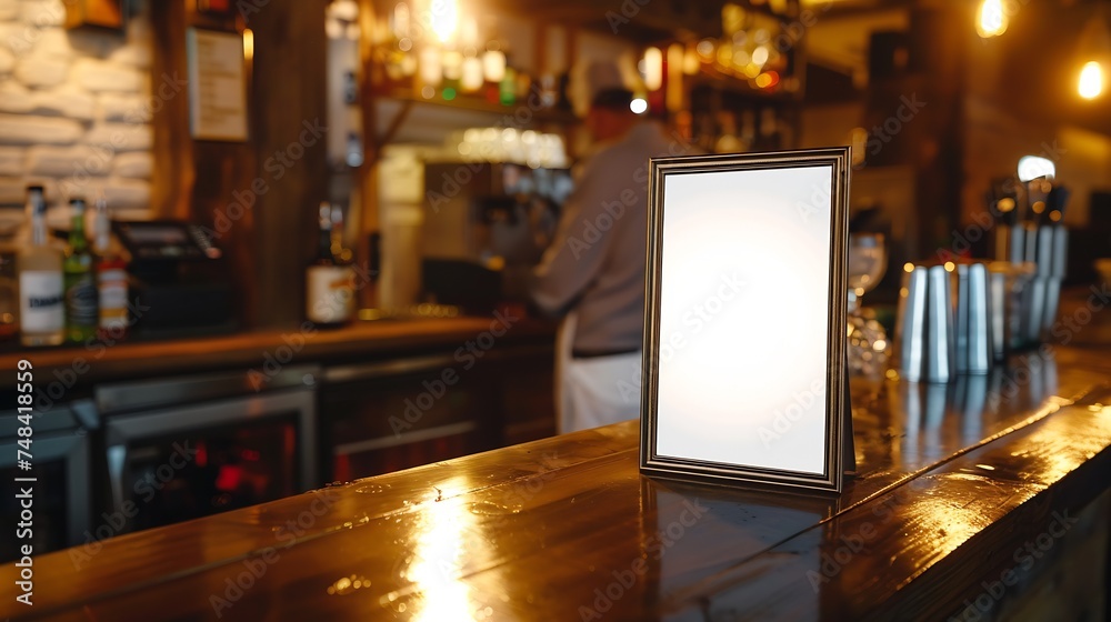 Mock up Menu frame on Table in Bar restaurant cafe with Bartender : Generative AI Mock up Menu frame on Table in Bar restaurant cafe with Bartender : Generative AI