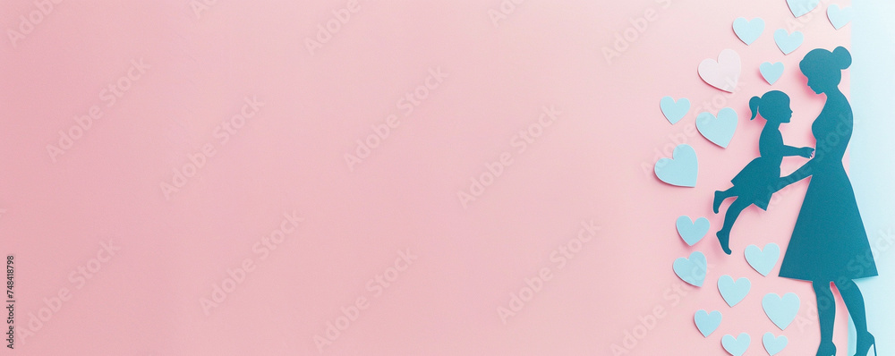 Mother and child daughter with hearts pink background pastel colors cute paper cut out mother's day love copy space illustration Mother and child daughter with hearts pink background pastel colors cute paper cut out mother's day love copy space illustration