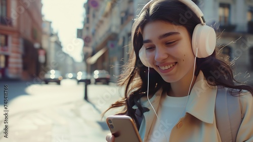 Portrait of a happy girl listening music on line with wireless headphones from a smartphone in the street in a summer sunny day : Generative AI photo