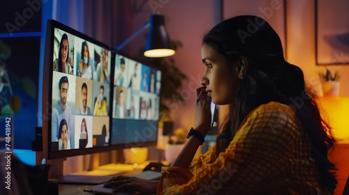 Woman sit at desk looking at computer screen where collage of diverse people webcam view Indian ethnicity young woman lead video call distant chat group of different mates using videoc : Generative AI © Generative AI