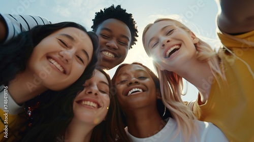 Multiracial friends taking big group selfie shot smiling at camera Laughing young people standing outdoor and having fun Cheerful students portrait outside school Human resources conce : Generative AI photo