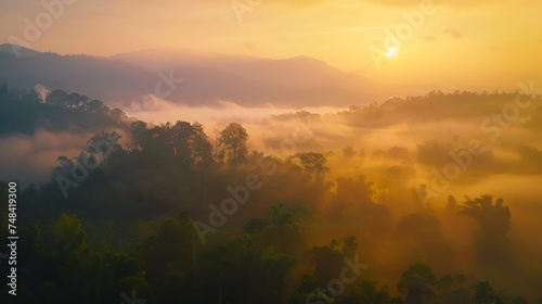 Sunrise and fog At Huai Nam Dang National park Chiang Mai Thailand : Generative AI