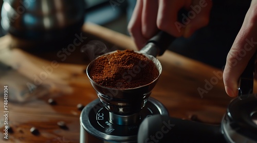 The process of making coffee step by step Man tamping freshly ground coffee beans in a portafilter on a working wooden table : Generative AI photo
