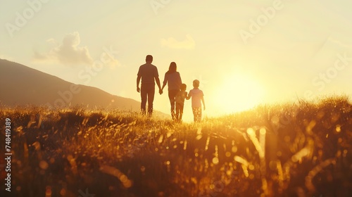 Silhouette of happy family walking in the meadow at sunset Mother father and child son having fun outdoors enjoying time together Family love mental health and happy lifestyle concept : Generative AI