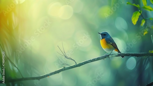 Redflanked Bluetail Orangeflanked Bush Robin Bluestart Tarsiger cyanurus male rest on branch in nature : Generative AI photo