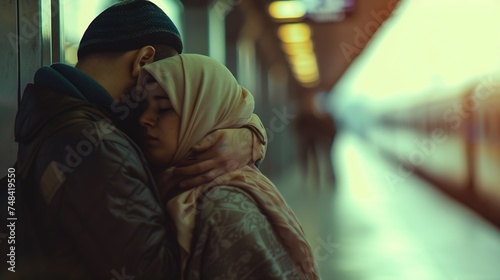Side view of a muslim man comforting a sad caucasian girl mourning in a train station : Generative AI