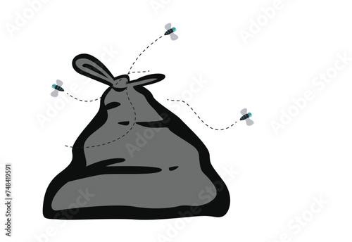 Black Bag cartoon with flies swarming around the garbage coll=k