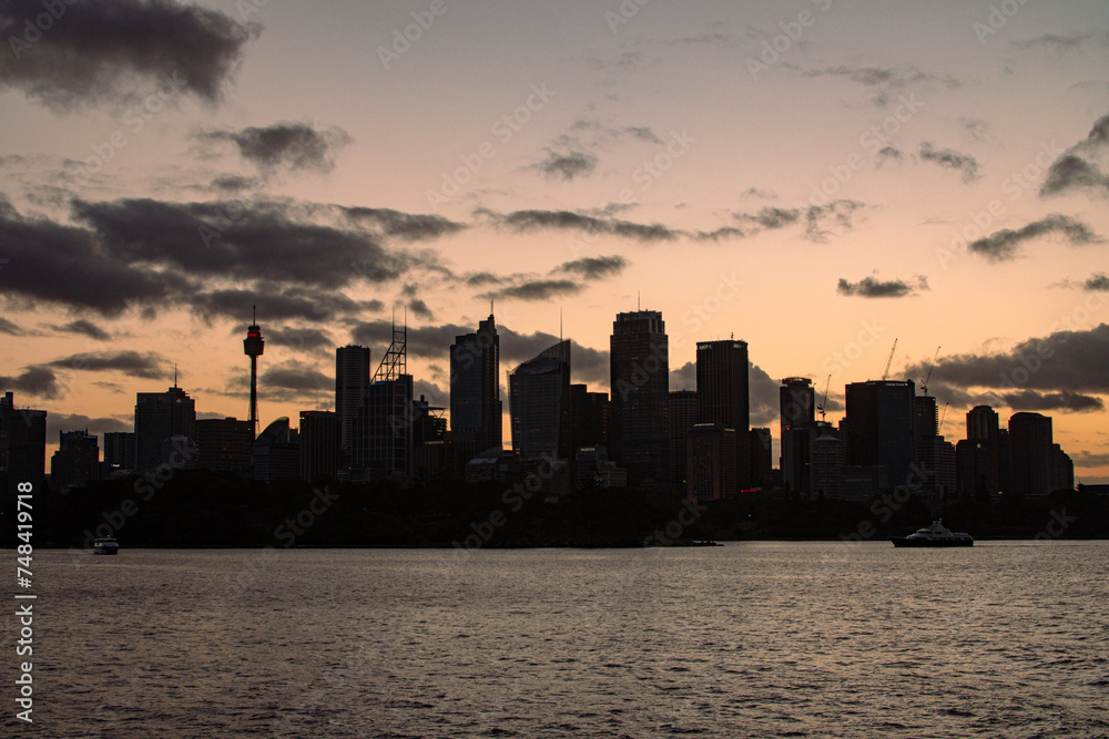 Silhouette of sydney at sunset.