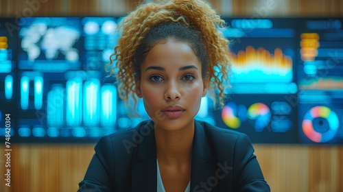 Female executive dressed in navy blue suit - Infographics - data visualizations in background - board meeting - data analysis - data analytics 