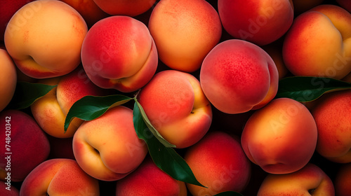 Table adorned with fresh peaches, apricots, and apples - a vibrant display of organic, ripe, and juicy fruits at a local market, radiating health and summery goodness amid a backdrop of green freshnes photo