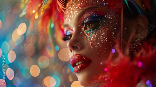 Captivating Glitter Makeup: Woman's Alluring Gaze Amidst Bokeh Light Effects