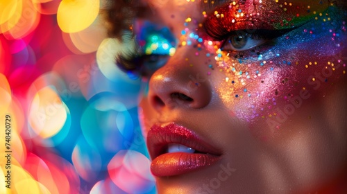 Elaborate Glitter Makeup Portrait: Woman Mesmerizing in Kaleidoscope of Bokeh Lights