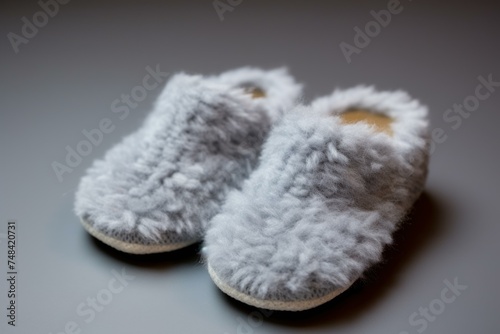 Cozy Pair of grey slippers on floor. Cozy foot clean man texture. Generate Ai photo