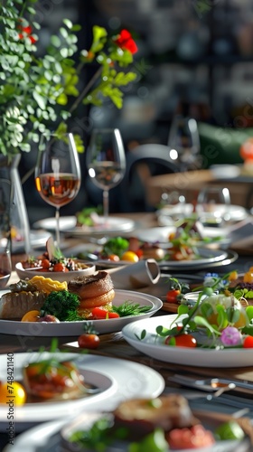 A table setting of white plates filled with food in the style of restrained serenity glasses with wine in the style of extravagant table settings and elegant compositions of an outdoor meal