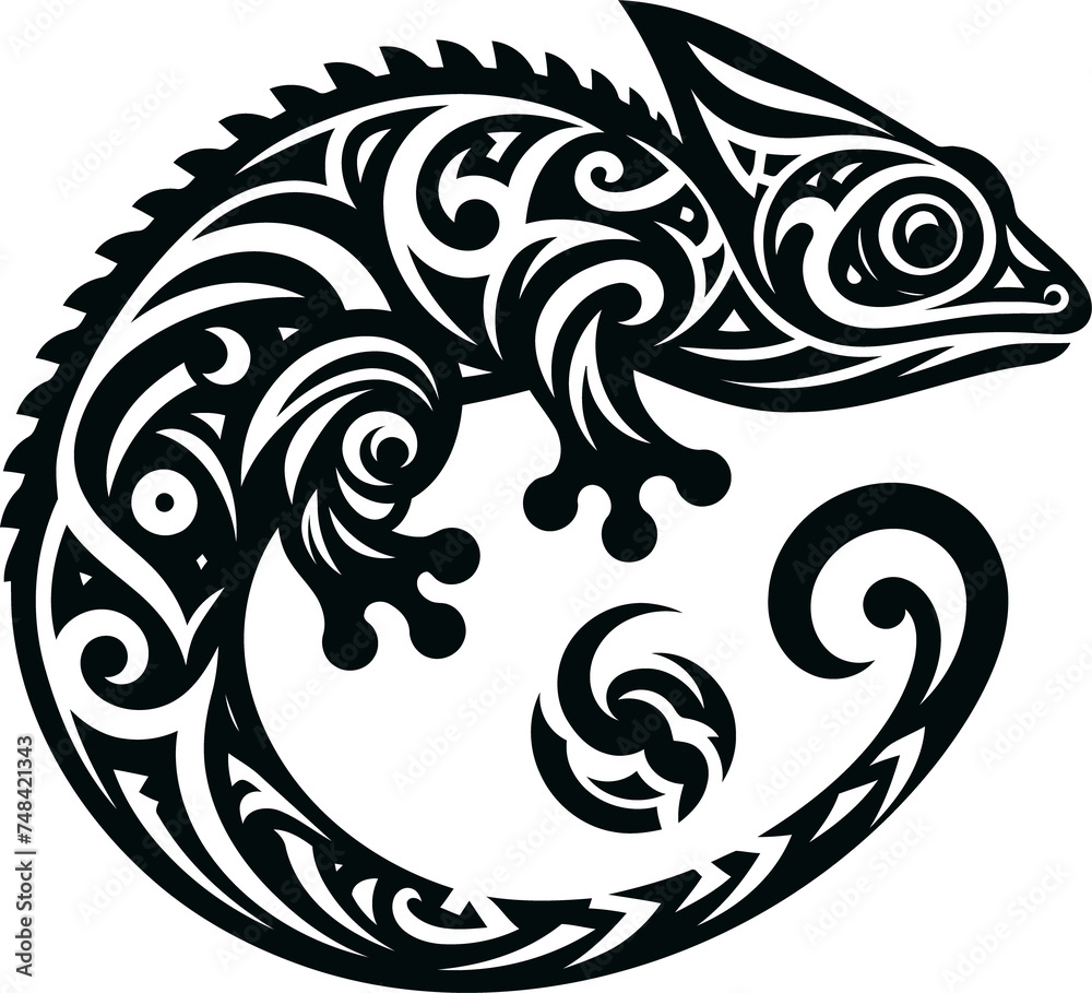 chameleon, animal silhouette in ethnic tribal tattoo,

