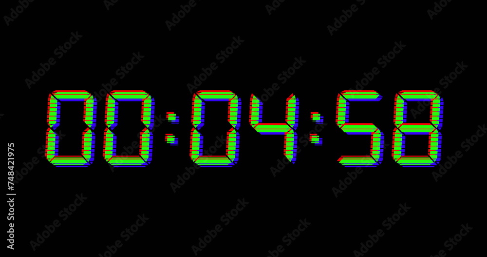 Image of green digital timer changing on black background