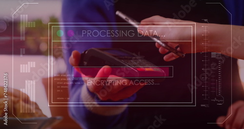 Image of data processing on screen over contactless payment with smartphone