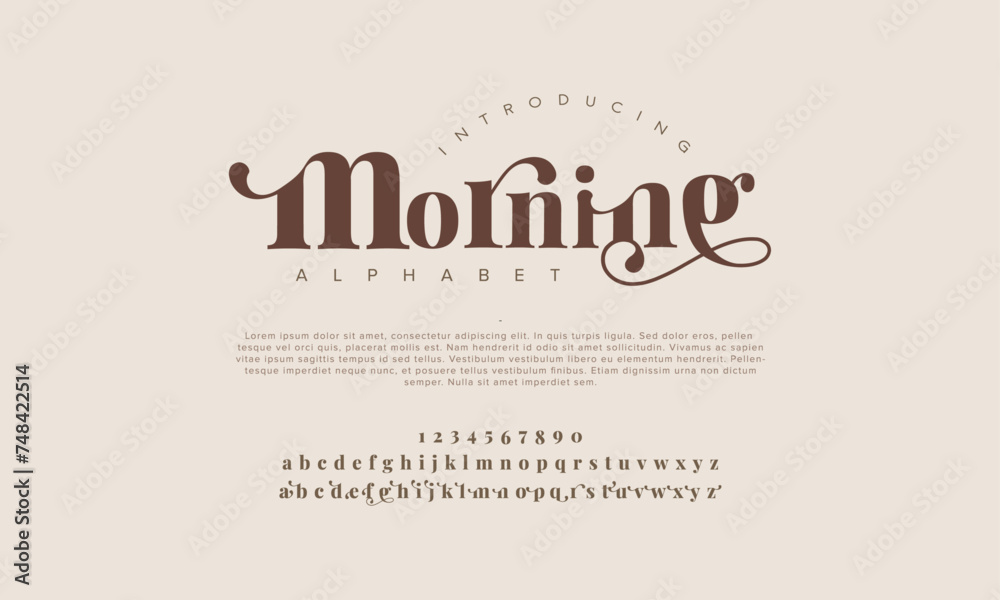 Morning premium luxury elegant alphabet letters and numbers. Elegant wedding typography classic serif font decorative vintage retro. Creative vector illustration