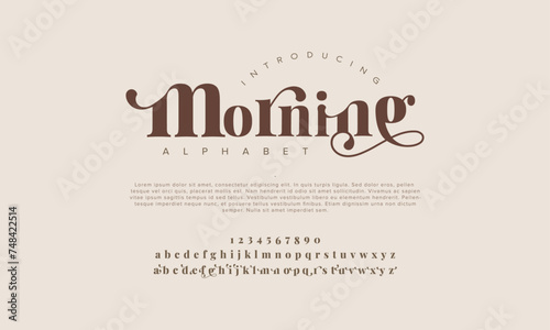 Morning premium luxury elegant alphabet letters and numbers. Elegant wedding typography classic serif font decorative vintage retro. Creative vector illustration