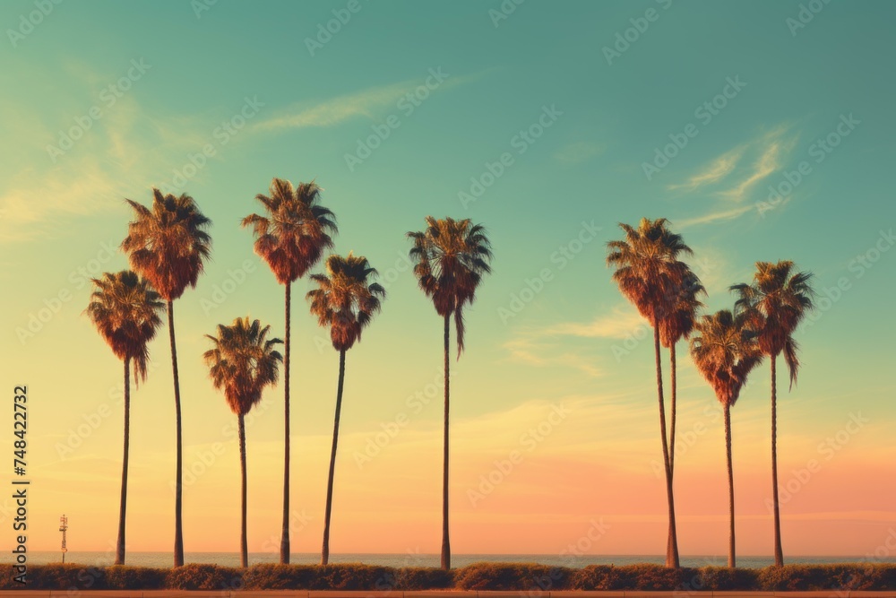 Chic Palm beach retro style. Miami sunset. Generate Ai