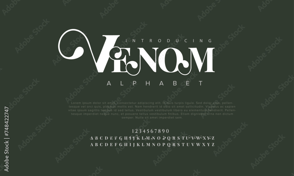 Venom premium luxury elegant alphabet letters and numbers. Elegant wedding typography classic serif font decorative vintage retro. Creative vector illustration