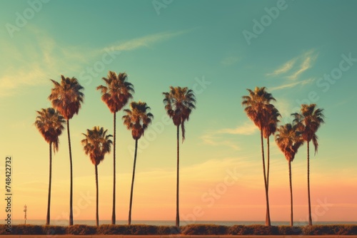Chic Palm beach retro style. Miami sunset. Generate Ai © juliars