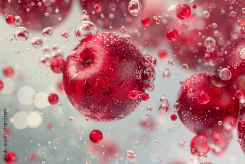 Close-up of red apples surrounded by vibrant bubbles in water, illustrating freshness, purity, and the natural essence of fruit 