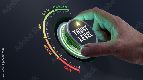 Obraz na płótnie Build trust in business and finance relationships. Trusted partner. Trustworthy collaboration, company or contract. Confidence to work together. Businessman turning knob to highest trust levels. w salonie