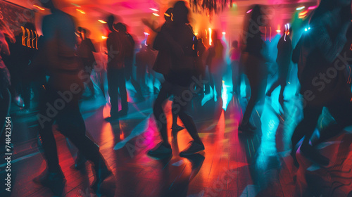 A high-energy and colorful dance party with people moving to the rhythm of the music. realistic stock photography