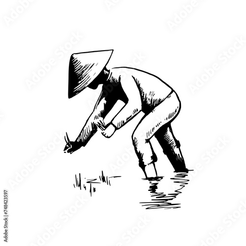 Asian farmer in rice field. Hand-drawn black and white sketch. Vector illustration.