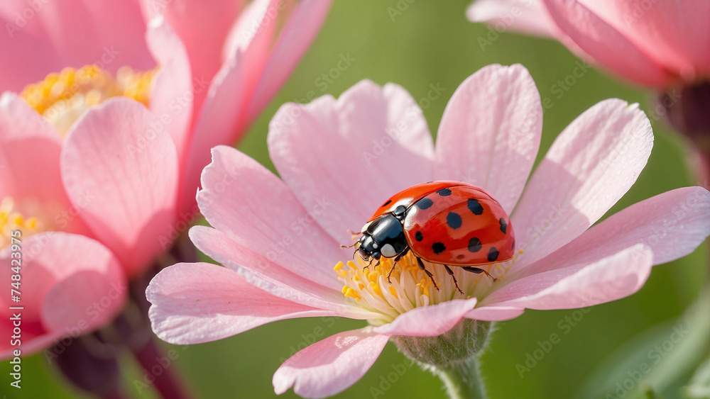 A beautiful red ladybug perched gracefully on a delicate pink flower, its tiny wings glistening in the morning sun A beautiful red ladybug perched gracefully on a delicate pink flower, its tiny wings glistening in the morning sun