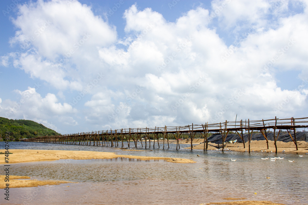 Ong Cop Wooden Bridge In Phu Yen Province, Vietnam. This Bridge Is Known As The Longest Wooden Bridge In Vietnam.