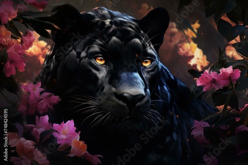 Delicate Panther head flowers. Animal cat. Generate Ai © juliars