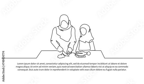 Vector illustration of mother and child prepare the iftar menu. Modern flat in continuous line style.