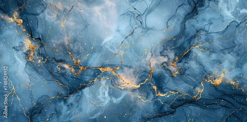 A close-up view of a textured blue and gold marble surface, showcasing intricate patterns and rich colors. © pham
