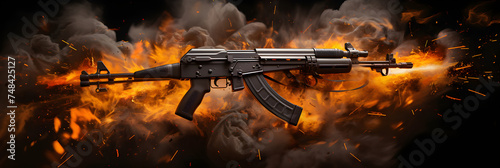 Dramatic depiction of AK 47 in action - A vivid manifestation of raw power and precision