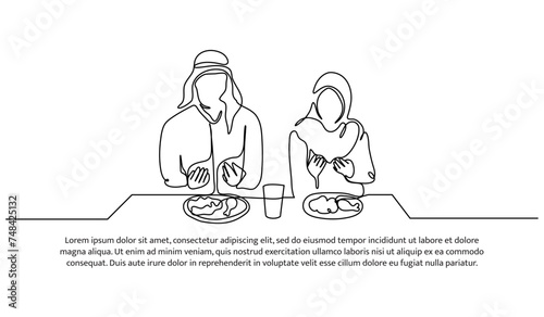 Vector illustration of muslims praying before eating. Modern flat in continuous line style.