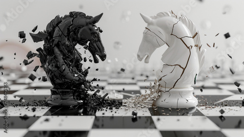 Creative white chess background with breaking figures. Battle, match and strenght concept in chess board
