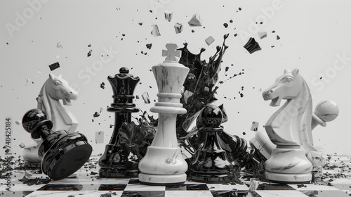 White king and black team chess background with breaking figures. Battle, horse on white with ink splashes in 3D illustration