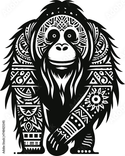 orangutan, monkey, animal silhouette in ethnic tribal tattoo,  photo