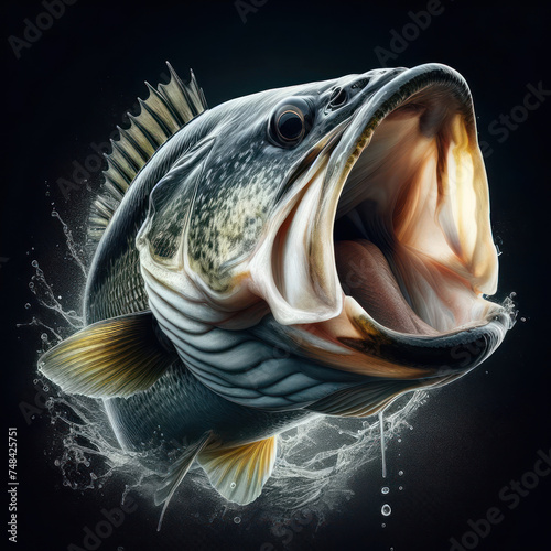Bass fish isolated on black, Large mouth bass jumping out of the water, Fishing, Largemouth Bass Jumping, hunting Portrait, Bass hunts the bait.