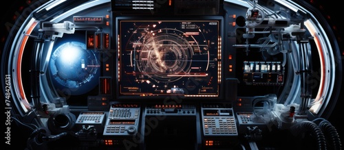 futuristic spaceship cockpit with various illuminated control panels and screens