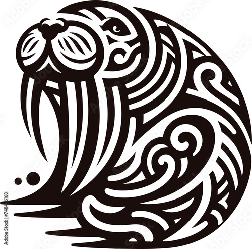 walrus  animal silhouette in ethnic tribal tattoo  