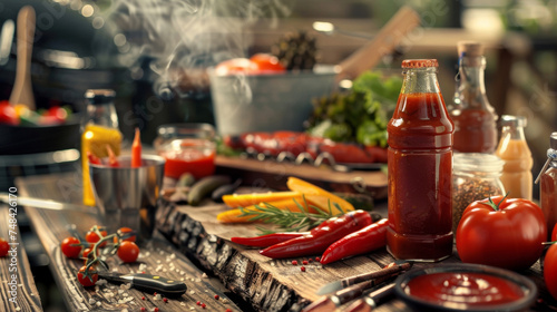 The unmistakable smell of barbecue wafting from a table filled with grilling tools sauces and condiments perfect for a summertime cookout.