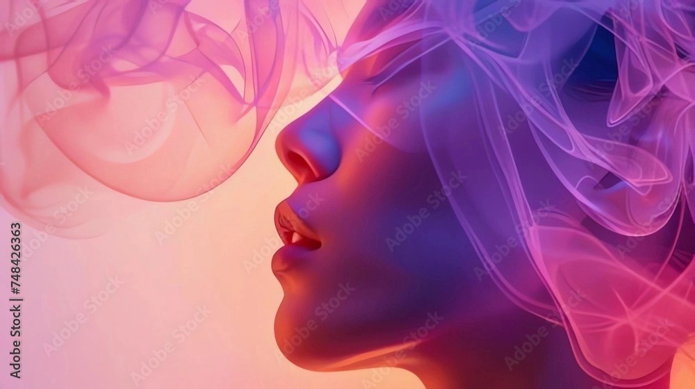 Woman in Profile With Vibrant Pink and Purple Hues and Ethereal Smoke Effect