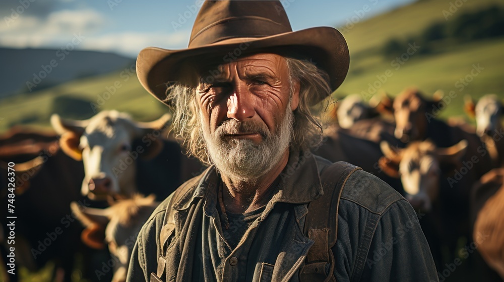 Senior man in cowboy hat with cow herd in the background at sunset