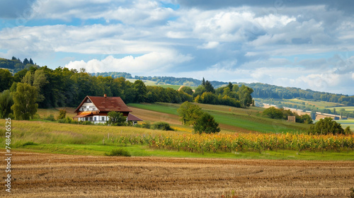 A serene and picturesque countryside scene with a rustic farmhouse surrounded by fields realistic stock photography