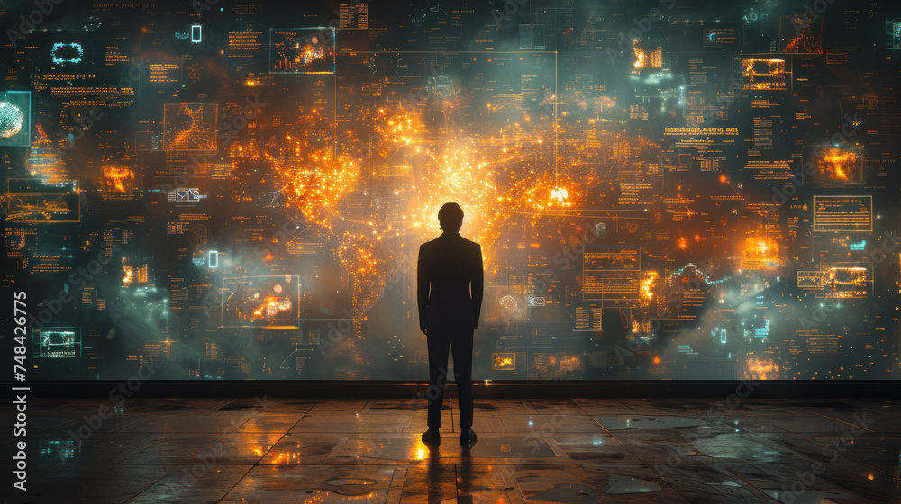 Silhouette of a person standing before a futuristic digital interface with glowing icons and a cityscape background. - obrazy, fototapety, plakaty 