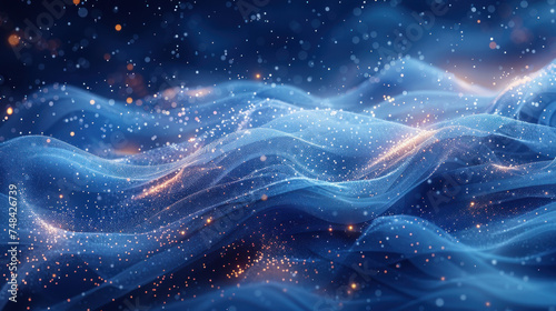 Abstract blue wavy background with sparkling particles resembling a starry night sky or magical ether.