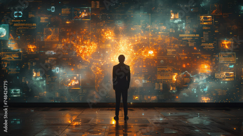 Silhouette of a person standing before a futuristic digital interface with glowing icons and a cityscape background.